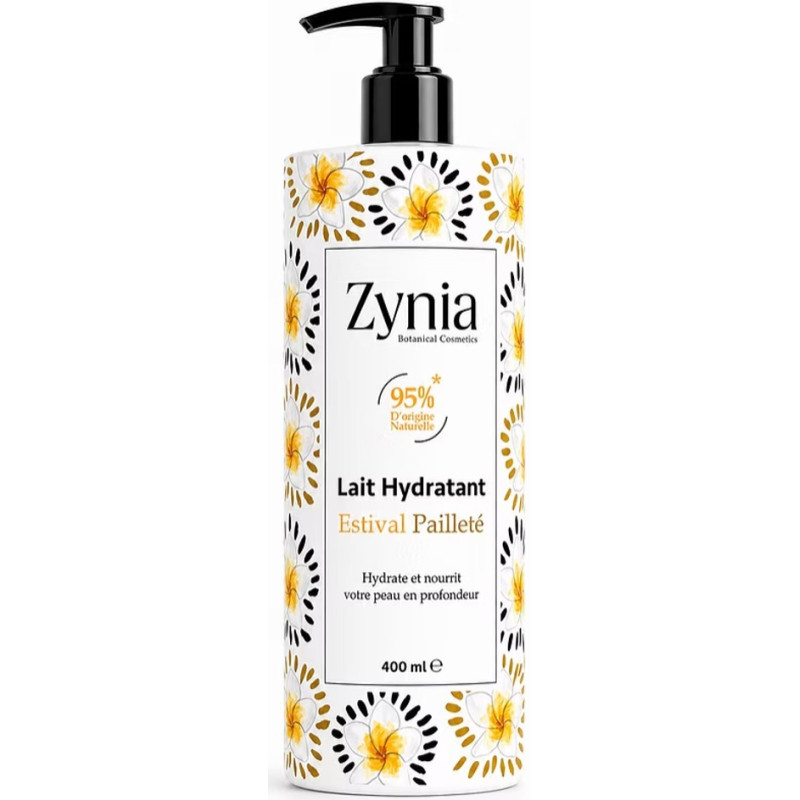 Lait Hydratant Estival Pailleté Zynia 400ml – beurre de karité amande douce paillettes hâle doré